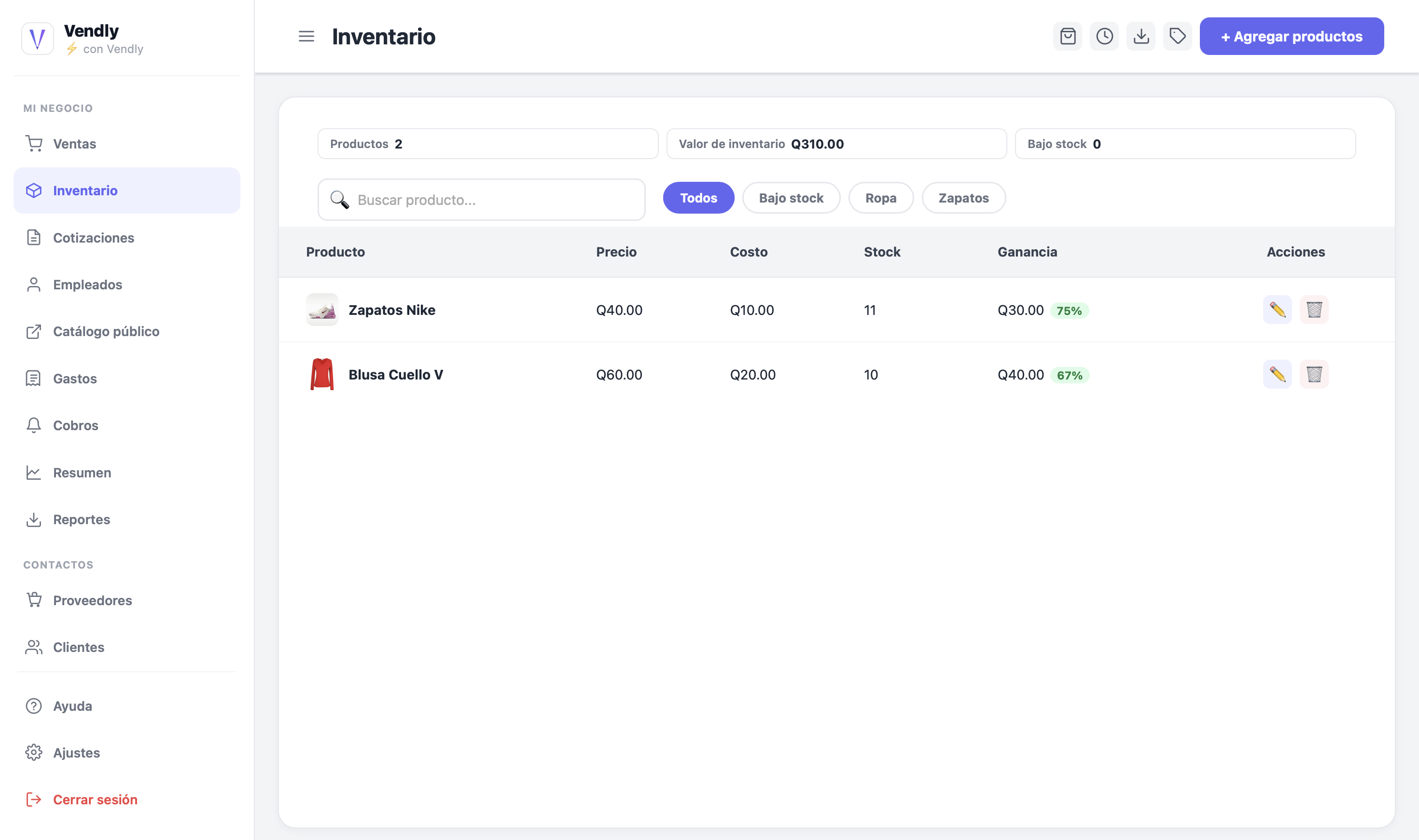 Panel de Inventario de Vendly